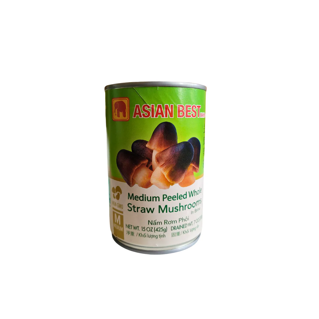 Asian Best Medium Straw Mushroom Peeled in Brine 15 oz Drained 7 Oz
