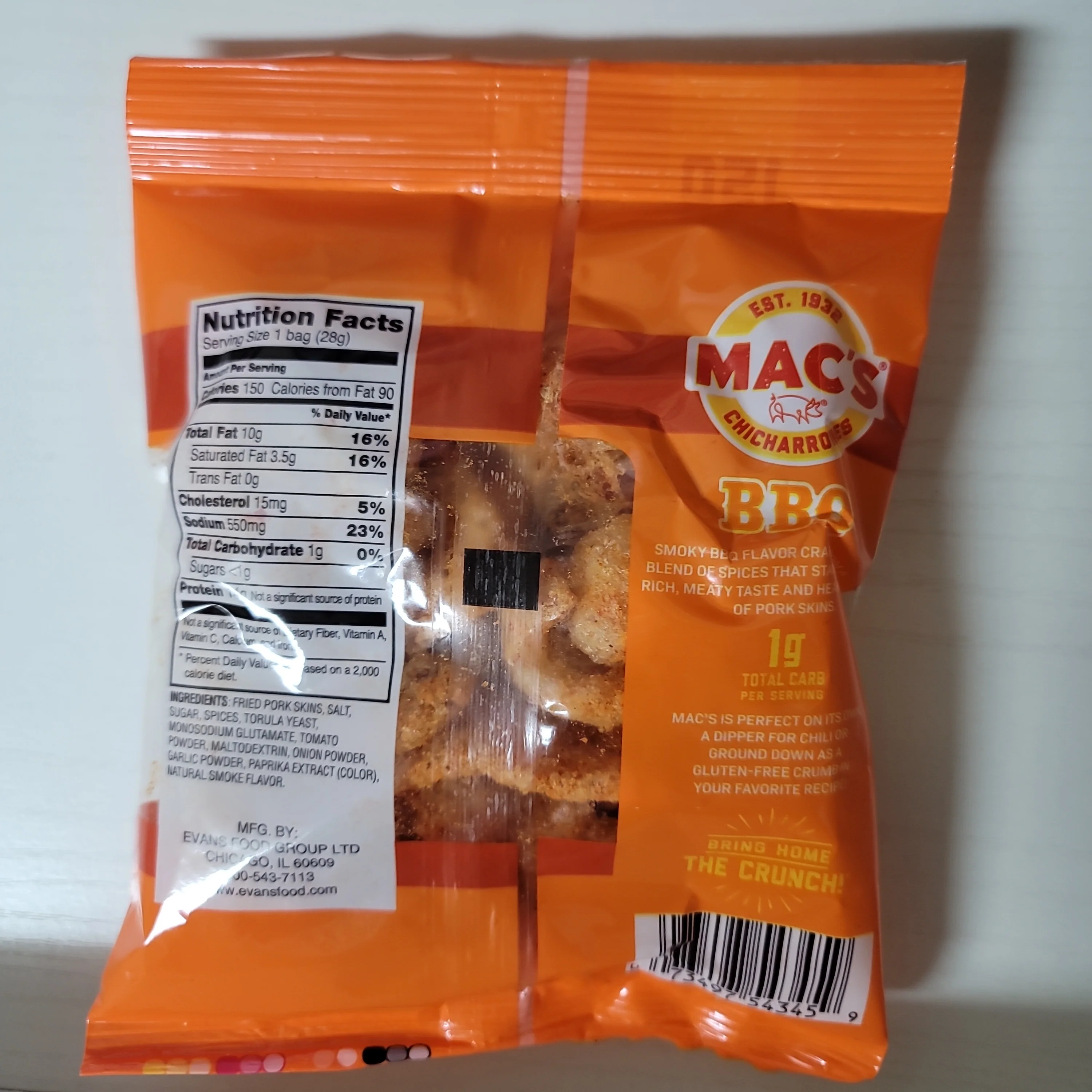Mac's Chicharrones Fried Pork Skin BBQ Flavor 1 Oz (28 g) - Image 2