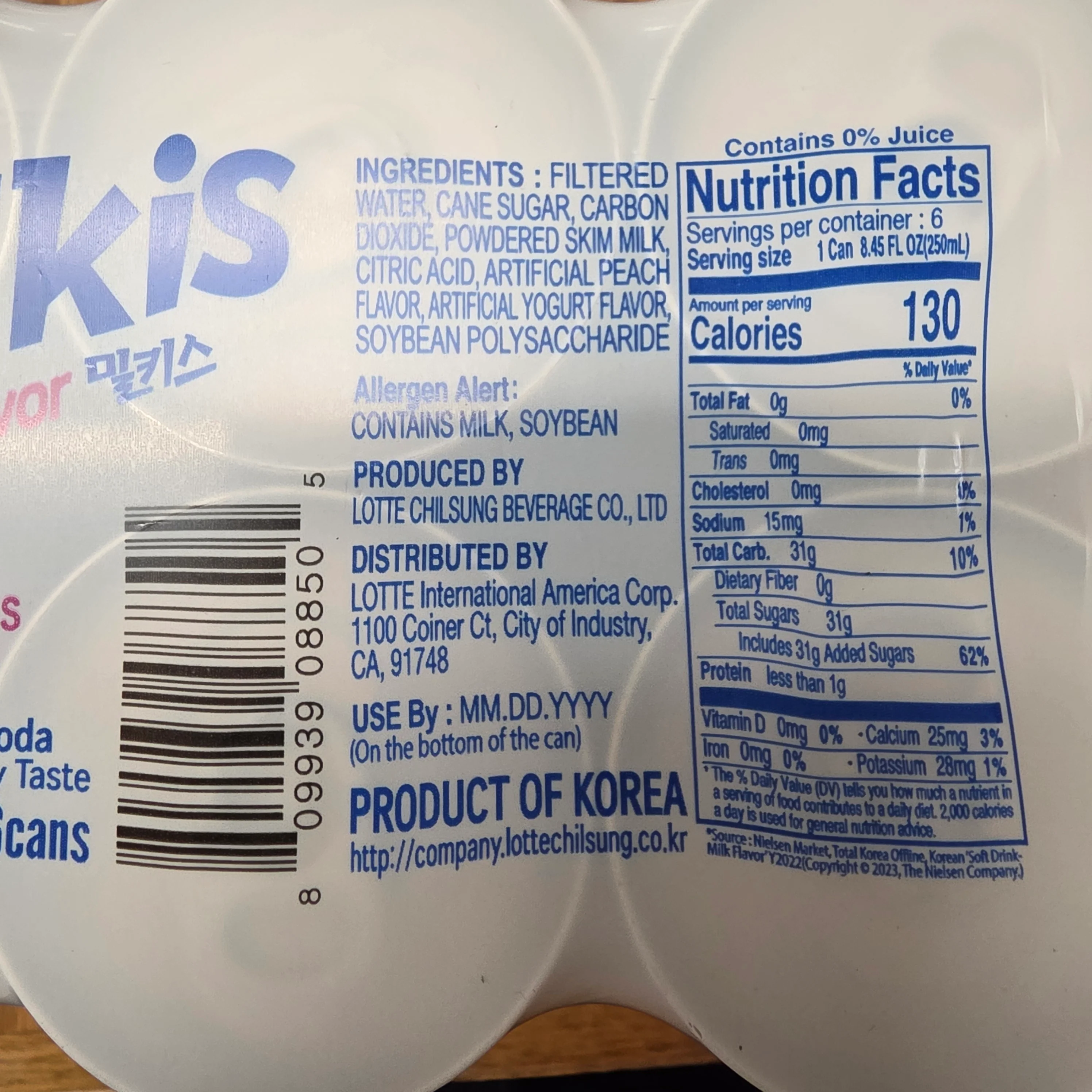 Lotte Milkis Peach Carbonated Drink 8.45 fl oz (250 ml) Pack of 6 - Image 2
