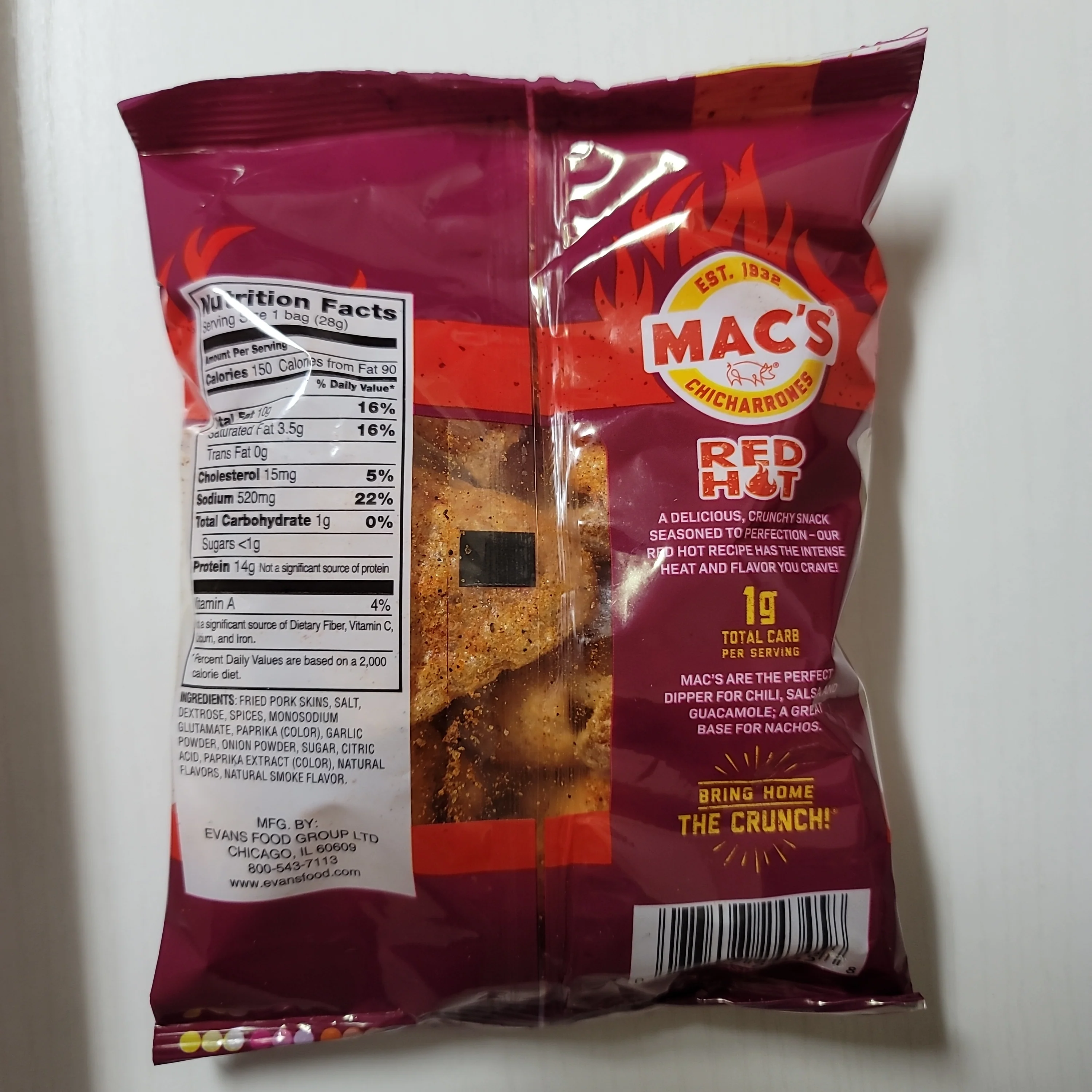 Mac's Chicharrones Fried Pork Skin Red Hot Flavor 1 Oz (28 g) - Image 2
