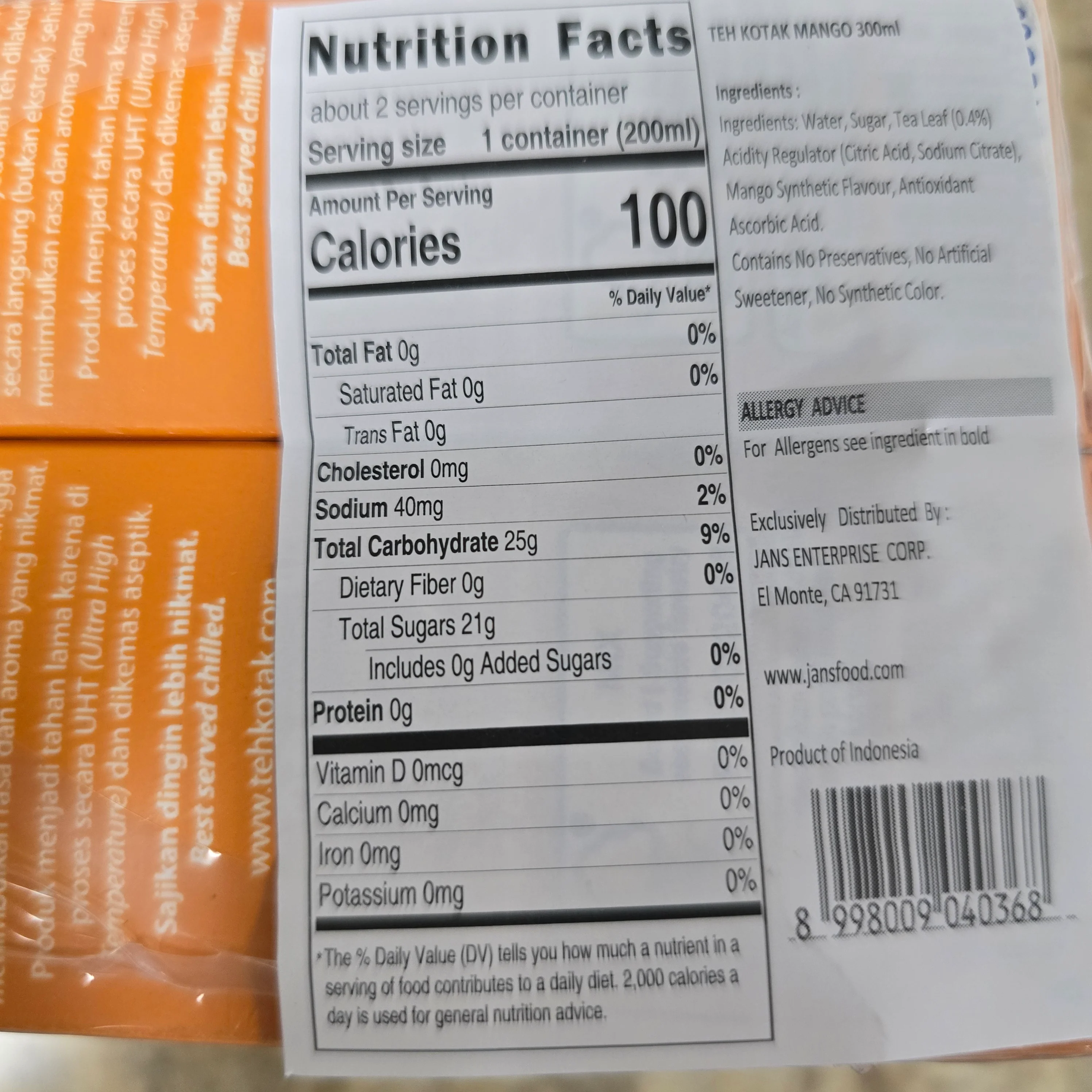 UJ Teh Kotak Mango Flavor 300 ml (6 pack) - Image 2